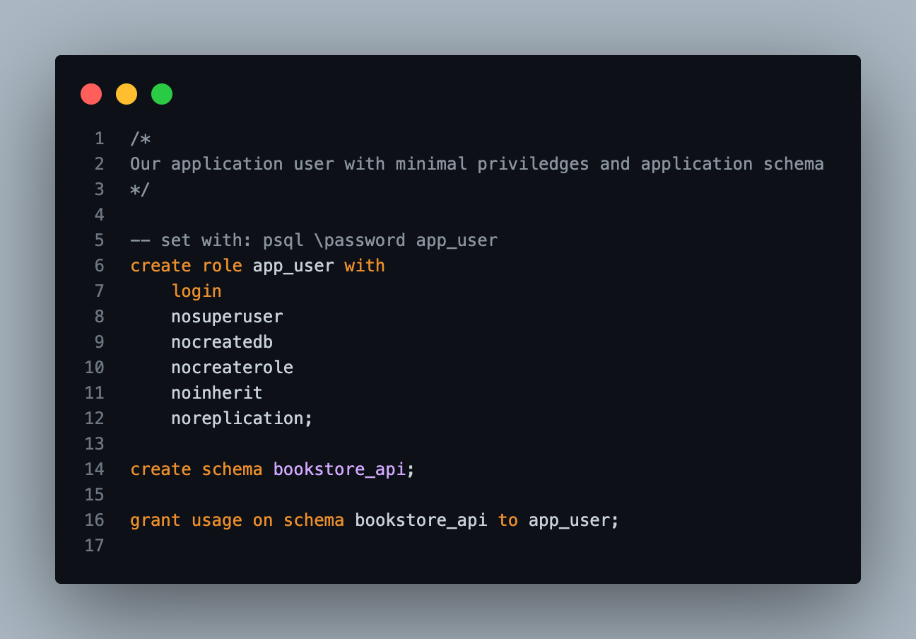 Application user with minimal privileges and an API schema