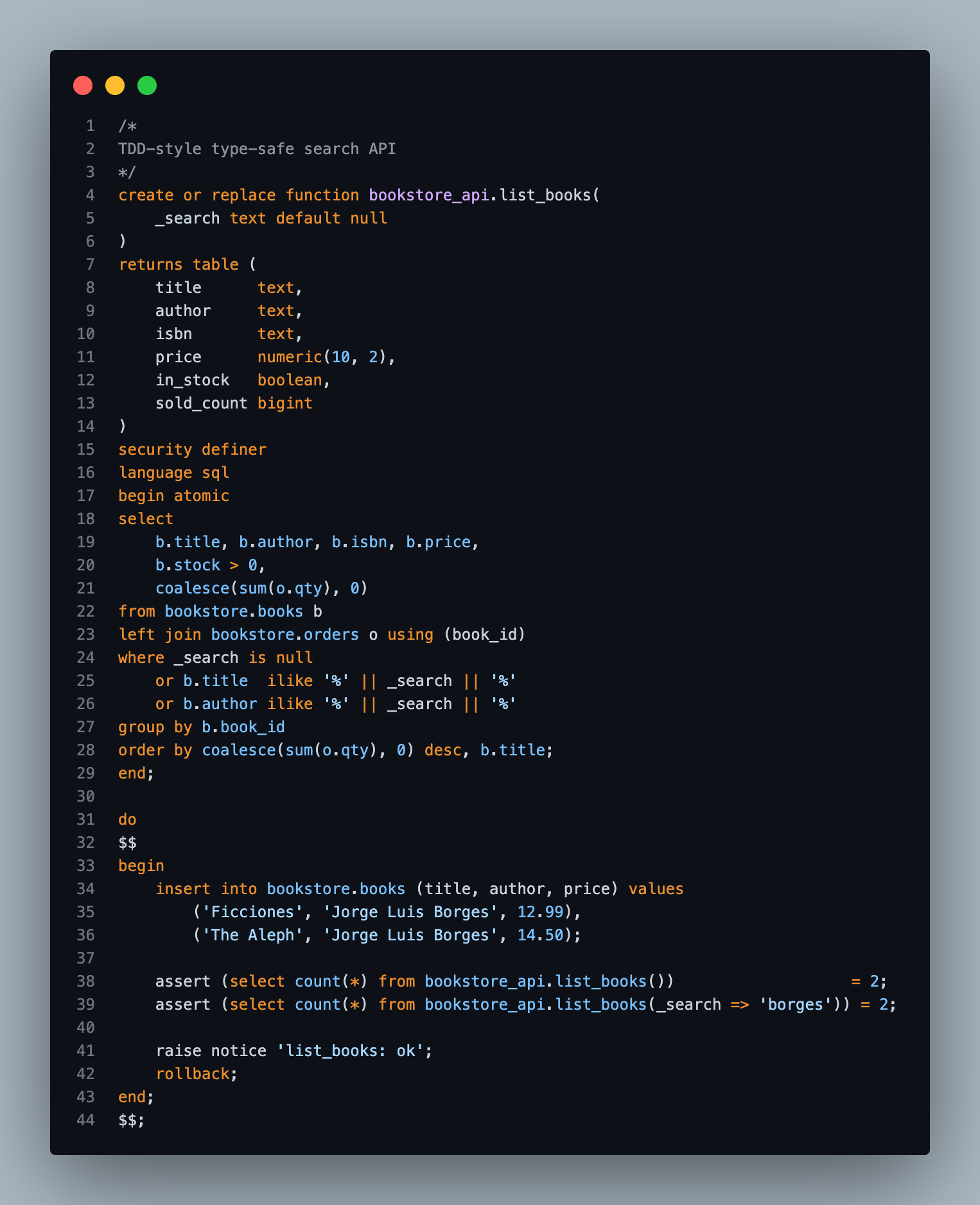 Type-safe search function with a test block