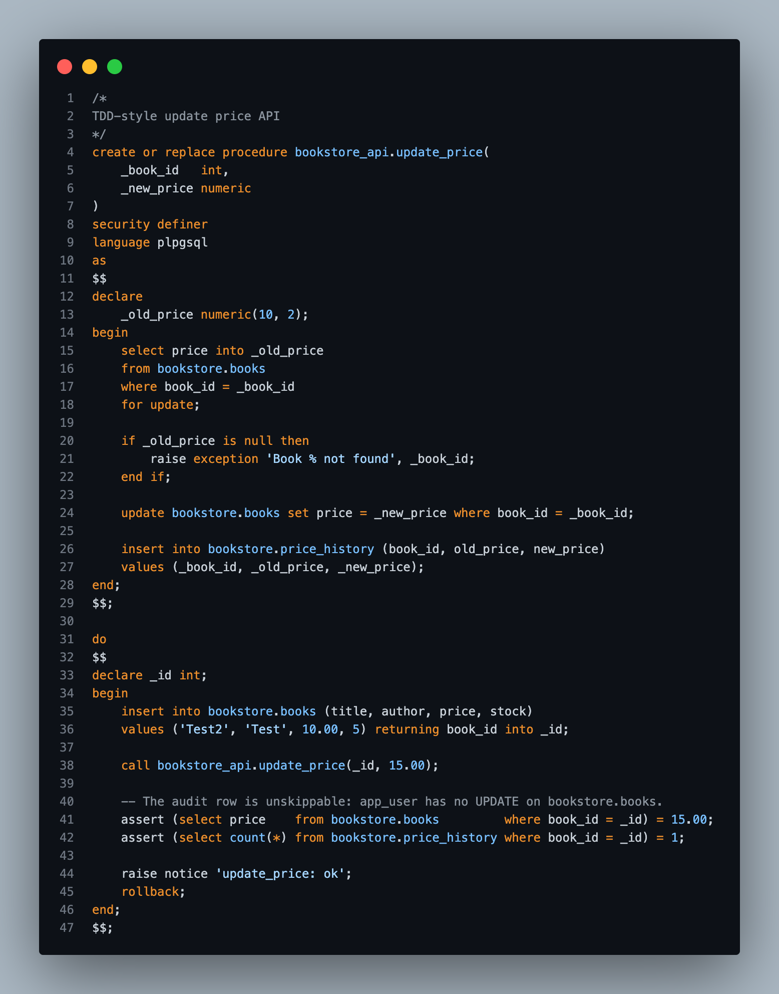 Update procedure that writes an audit row, with a test