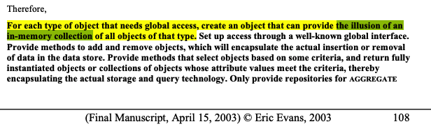 Screenshot from Eric Evans, Domain-Driven Design (2003), p. 108, showing the Repository definition