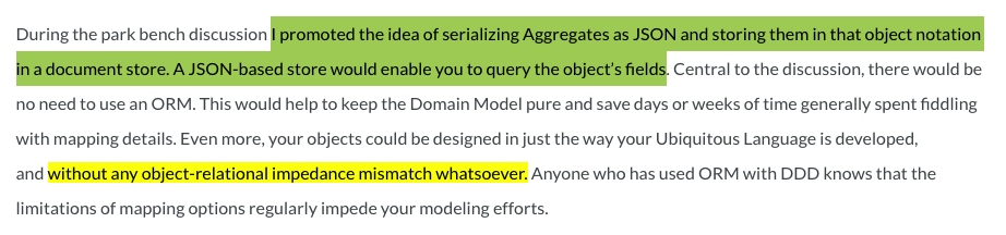 Screenshot from Vaughn Vernon, 'The Ideal Domain-Driven Design Aggregate Store?', proposing JSON-serialized Aggregates in a document store