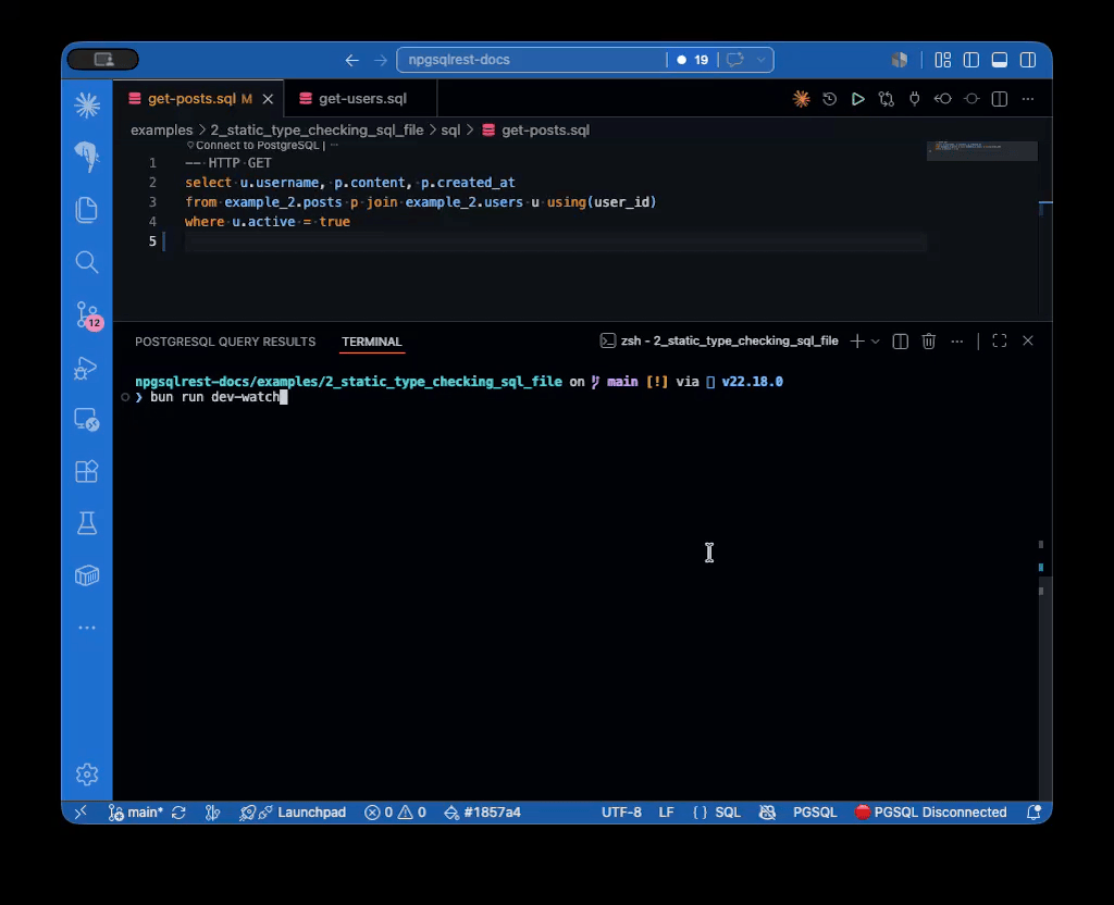 Watch mode in action: a save triggers a restart, an error appears and disappears